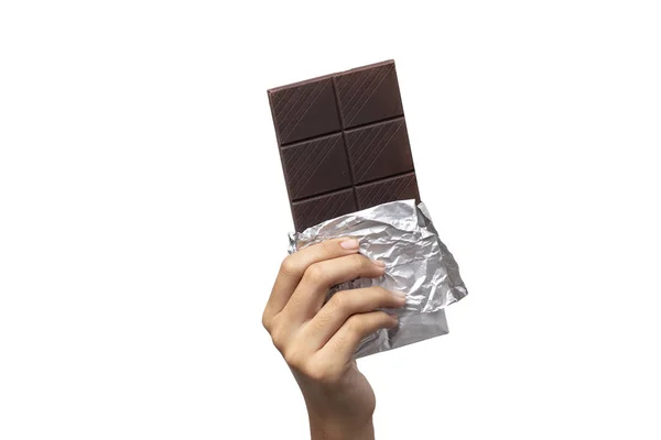 Close-up mão segurando Chocolate isolado em um fundo branco — Fotografia de Stock