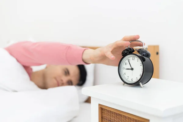 Man Sleeping Bed Early Wake Getting Enough Sleep Feel Irritated — Stock Photo, Image