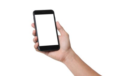 Boş ekran ile cep telefonu tutan el adamı kırpma yolu ile beyaz arkaplanda izole