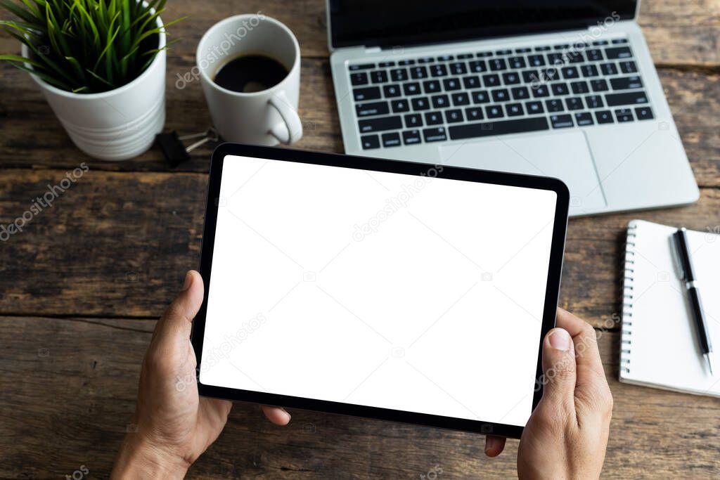 Mockup image tablet, man hand holding tablet pc with blank white screen