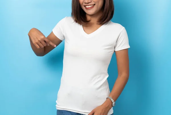 Portrait Asian Woman Blank White Shirt Blue Background Mock — Stock Photo, Image