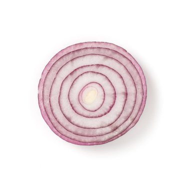 Üst görünüm Dilimlenmiş kırmızı soğan halkaları beyaz arkaplanda izole