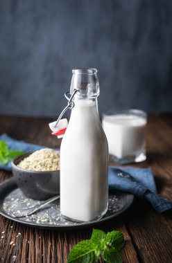 Taze yapılan süt ücretsiz kenevir tohumu süt bir şişe veganlar için, nane ile dekore