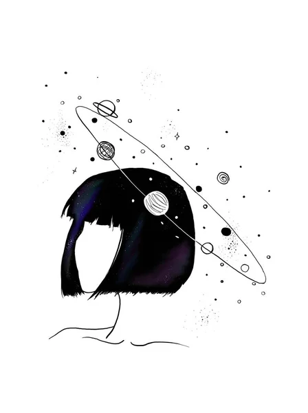 Девушка Мыслями Космосе Темными Темными Волосами — стоковое фото