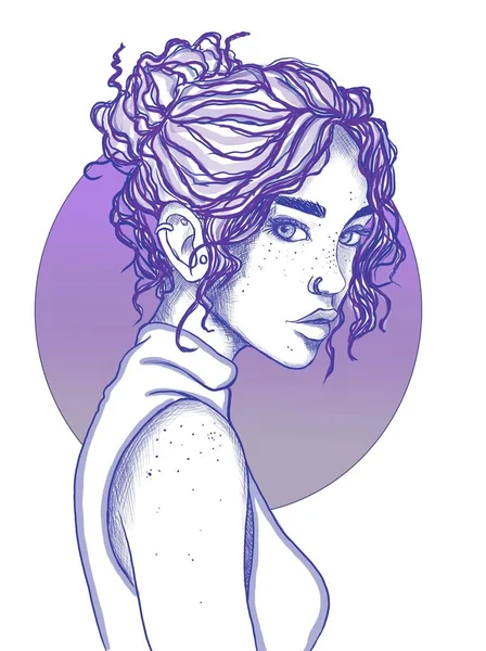 보라색곱슬 머리를 소녀의 프로필 — 스톡 사진