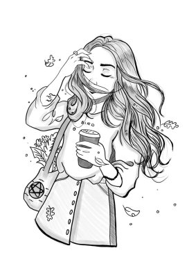 Kız sonbahar rüzgarında saçlarını düzer ve elinde o kahve ile bir bardak var