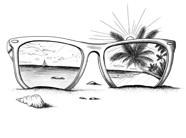 Sonnenbrille Die Das Meer Reflektiert Sand Palmen Muscheln Stockbild