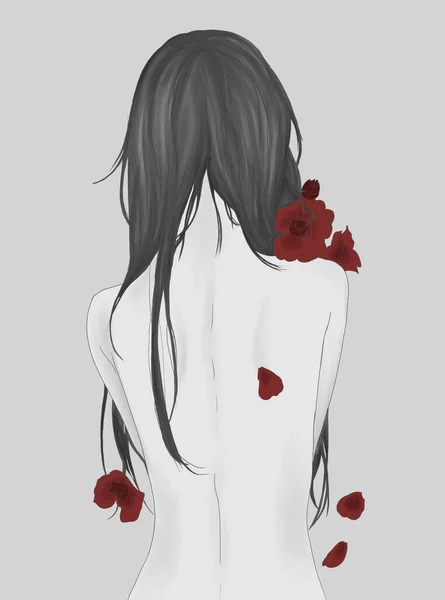 Nackter Rücken Eines Mädchens Mit Roten Blumen Stockbild