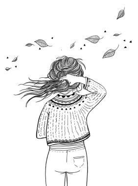 Rüzgarlı bir sonbahar gününde, kazaklı bir kız saçlarını tutar ki uçup gitmesin.