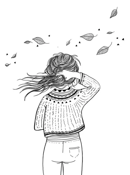 Μια Φθινοπωρινή Μέρα Ένα Κορίτσι Πουλόβερ Κρατάει Μαλλιά Της Για — Φωτογραφία Αρχείου