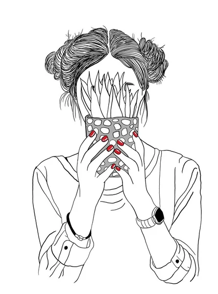 Flicka Med Röda Naglar Håller Blomma — Stockfoto