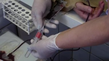 Donör klinikte kan bağışı yapıyor. Donör kan verir, hemşire bir vakum kan toplama tüpü içine bir damardan kan pompalama. Yakın çekim