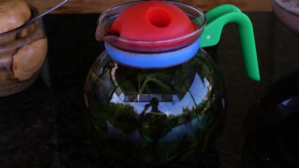 Kleur Glas Theepot Met Reflectie Van Jonge Man Drinken Mint — Stockvideo