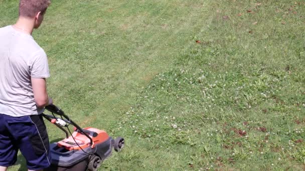 Jonge Man Snijden Gras Met Grasmaaier Zomer Seizoensgebonden Werk Tuin — Stockvideo