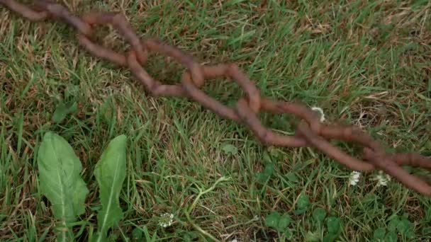 Vieille Chaîne Rouillée Traînant Long Herbe Verte Pelouse Gros Plan — Video