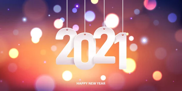 Feliz Año Nuevo 2021 Colgando Número Papel Blanco Fondo Borroso — Vector de stock