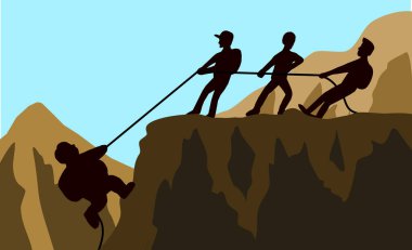 Birbirine yardım eden dağcılar takımı.