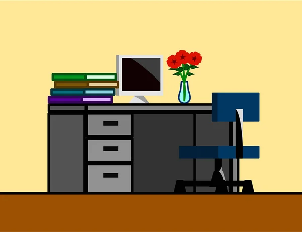 Bureau Avec Ordinateur Bureau Fichier Document Vase Fleurs — Image vectorielle