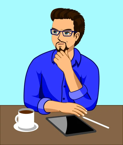 Ein Mann Der Schreibtisch Mit Tablet Und Kaffeetasse Denkt — Stockvektor