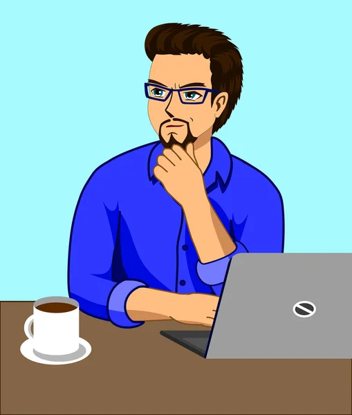 Ein Mann Der Schreibtisch Mit Laptop Und Kaffeetasse Denkt — Stockvektor