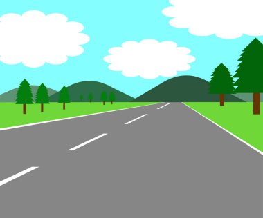 Bir çayır ve ağaçların her iki tarafında bir yol İllüstrasyon.