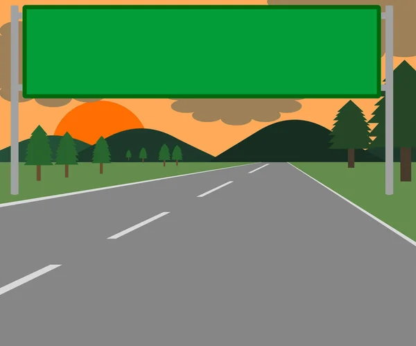 在日落时分 在草地和树木两旁的道路上标志的插图 — 图库矢量图片