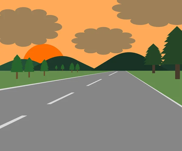 Ilustración Una Carretera Ambos Lados Prado Árboles Atardecer — Vector de stock