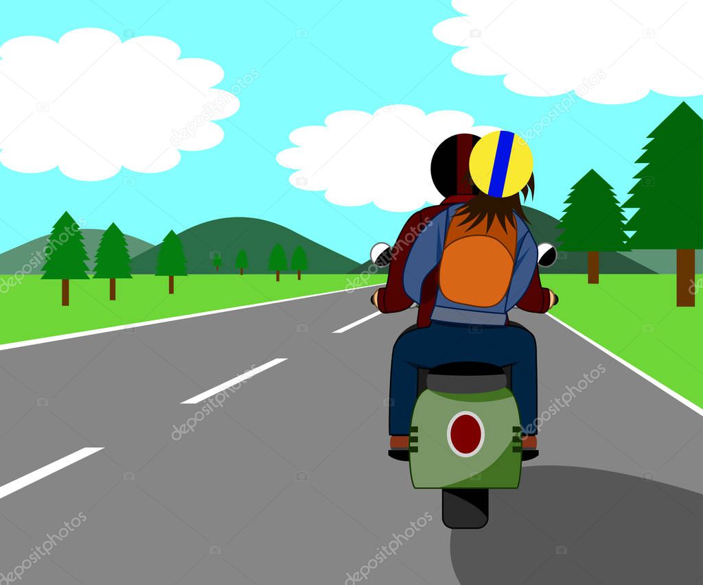 The couple are riding a motorbike, traveling happily on the beautiful love road.