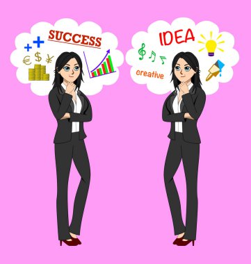 Farklı düşünen iki kadın Soldaki kadın mantığı düşünür. Büyüyen, başarı ya da kâr elde eden bir iş. Doğru kadın sanat, yaratıcı fikirler ve müzik hakkında düşünüyor.