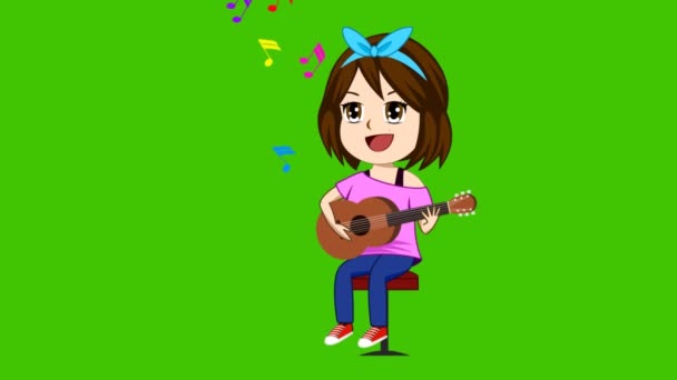 Video Cute Girl Playing Guitar Notes Floating Has Green Backgrounds — Stock Video