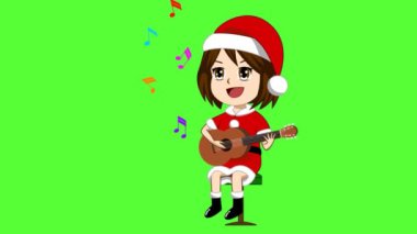 Bir kızın animasyonu Noel Baba kıyafeti giyiyor. Gitar çalıyor ve Noel şarkıları söylüyor..