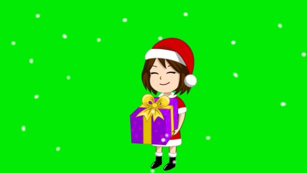 Animation Eines Mädchens Einem Weihnachtsmann Kostüm Mit Geschenk Und Grünem — Stockvideo