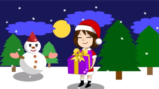 在圣诞节和新年假期 女孩们的动画在晚上举行礼物 那里有雪人和松树 外面下雪了 上面的字条上写着圣诞快乐 — 图库视频影像