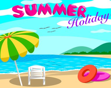 Şemsiyeli ve sandalyeli plaj açık gökyüzü olan bir günde, güzel bir atmosfer yukarıdaki mesajla, yaz tatili.