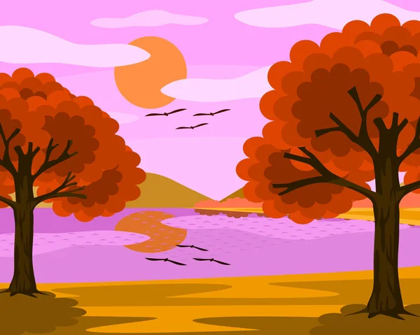 Vistas Lago Cielo Rosa Sol Las Nubes Los Árboles Con — Vector de stock