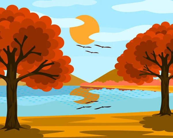 Göl Manzarası Mavi Gökyüzü Güneş Bulutlar Portakal Yapraklı Ağaçlar Çok — Stok Vektör