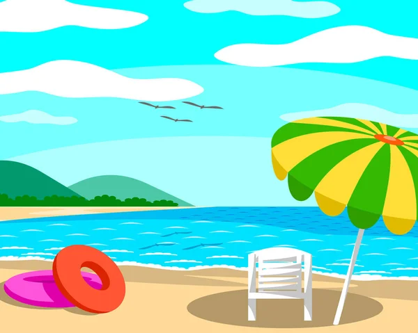 带着雨伞和椅子的海滩在晴朗的天空和良好的氛围中 — 图库矢量图片