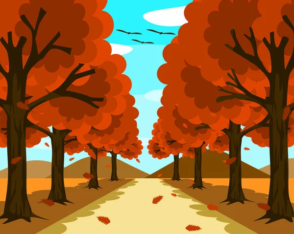 一条被大自然环绕着的美丽的小道 两边都有树叶飘落的桔子树 前面是群山和蓝天 — 图库矢量图片