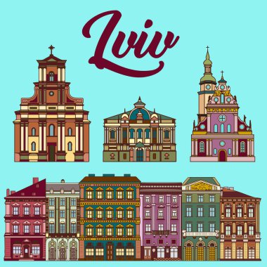 Ukrayna'da Lviv şehir mimarisi, karikatür tarzında vektör illüstrasyon 