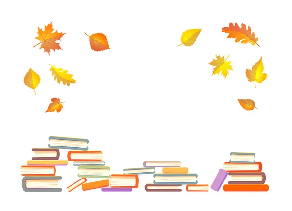 Beyaz bir arka plan üzerine düşen yapraklarla çerçevelenmiş kitap yığını. Sonbahar copyspace kavramı. Düz tasarımda vektör çizimi. — Stok Vektör