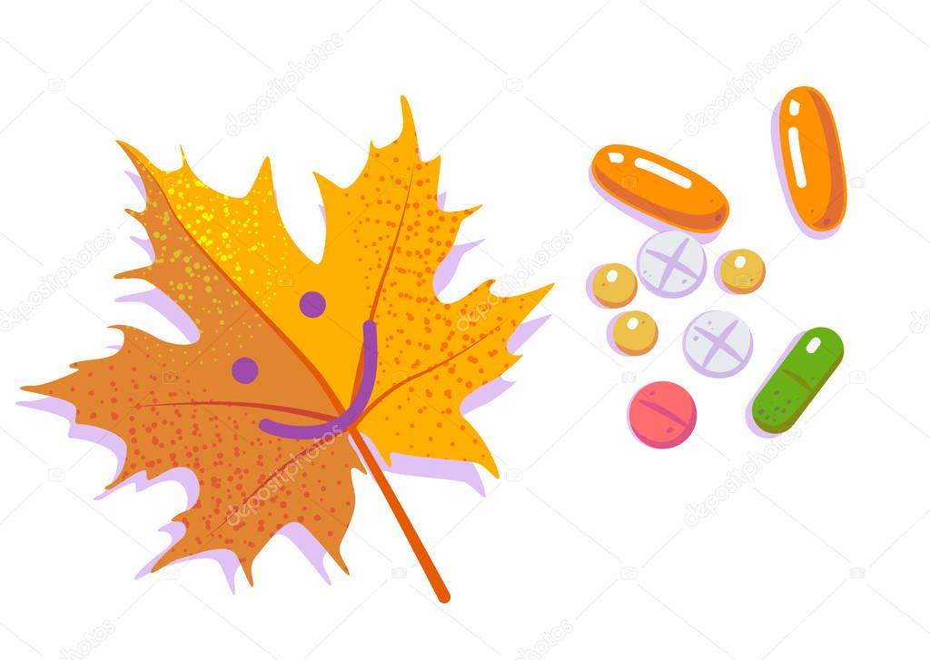 Pills with golden smiling leaf. Seasonal depression and Antidepressants. Allergy cartoon design. Cold season. Flat vector illustration on white isolated background.