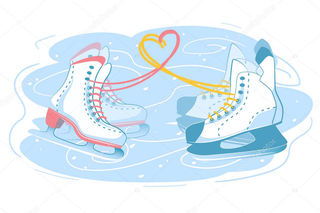 Male and female skates together, couple on the ice rink. Two different ice skate boots with love heart sign made of shoelaces. Romantic winter holiday postcard illustration. Isolated white back