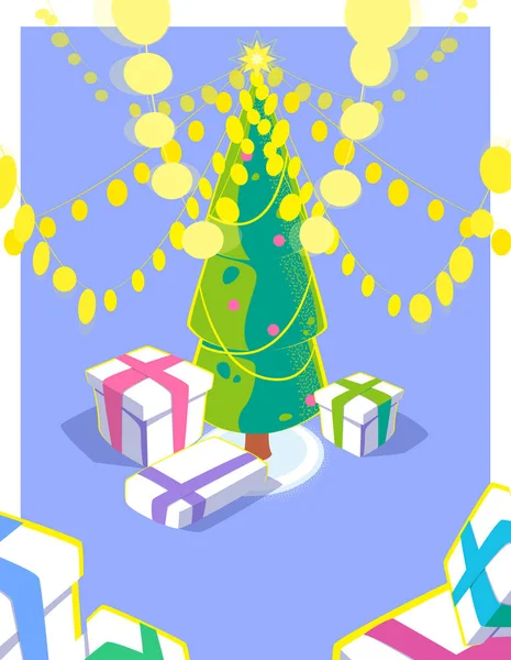 Kerstkaart met 3D-effect. Bright Garland en geschenkdozen onder de kerstboom. Vakantie seizoen illustratie met veel lichten. Kleurrijke winter seizoen ontwerp. Vector plat concept. — Stockvector