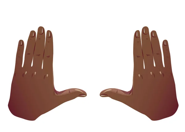 Чорний рук рамка обрізки жест. Плоскі обрамлення рук горизонтальне кадрування. Афро-американських руках беручи фокус кадру зйомки, як камера. Ізольований на білому фоні. — стоковий вектор