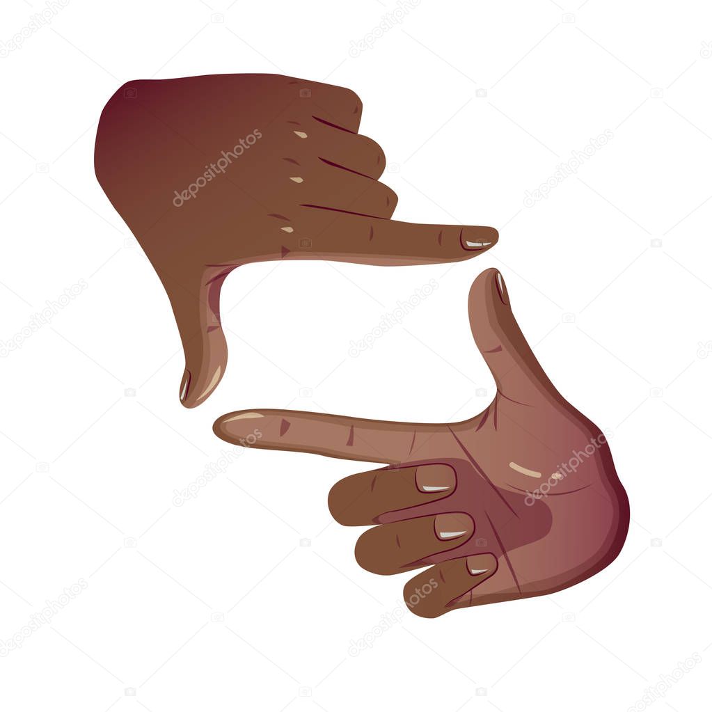 Black Hands Frame Cropping Gesture. Flat Framing hands horizontal cropping. African American Hands taking focus frame shooting like camera. Isolated on white background.