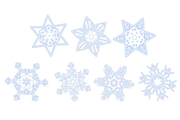 Σετ νιφάδες χιονιού για χριστουγεννιάτικο σχέδιο διακόσμησης. Τρεις έξι αστέρων συλλογή συμβόλων περίγραμμα. Μπλε νιφάδα χιονιού επίπεδη εικόνα. Απλή διανυσματική απεικόνιση. — Διανυσματικό Αρχείο