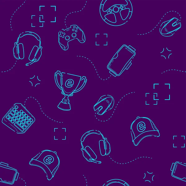 Gadgets de jeu modèle sans couture, contour. Esports, pc et jeux de console. Concept art ligne avec fond violet moderne . — Image vectorielle