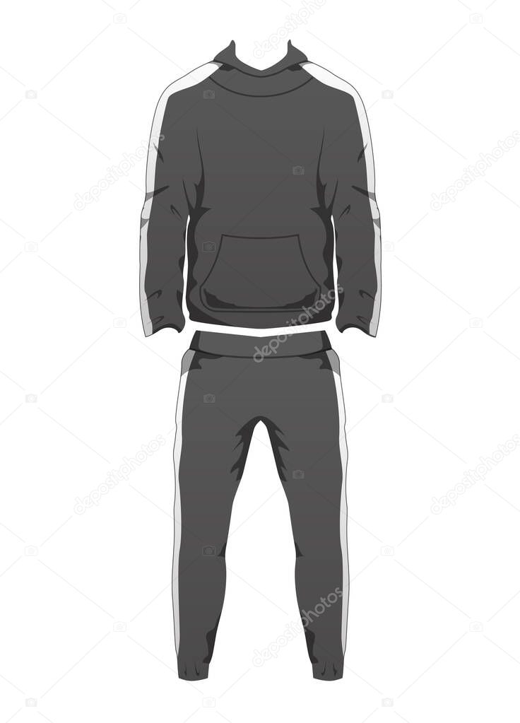 Mens Sport Outfit Suit Template, Running Gym Sportwear, Tracksuit Fitness Hoody and Pants for winter. Long Male sport Clothing Set for training, run. Vector isolated design, white background.