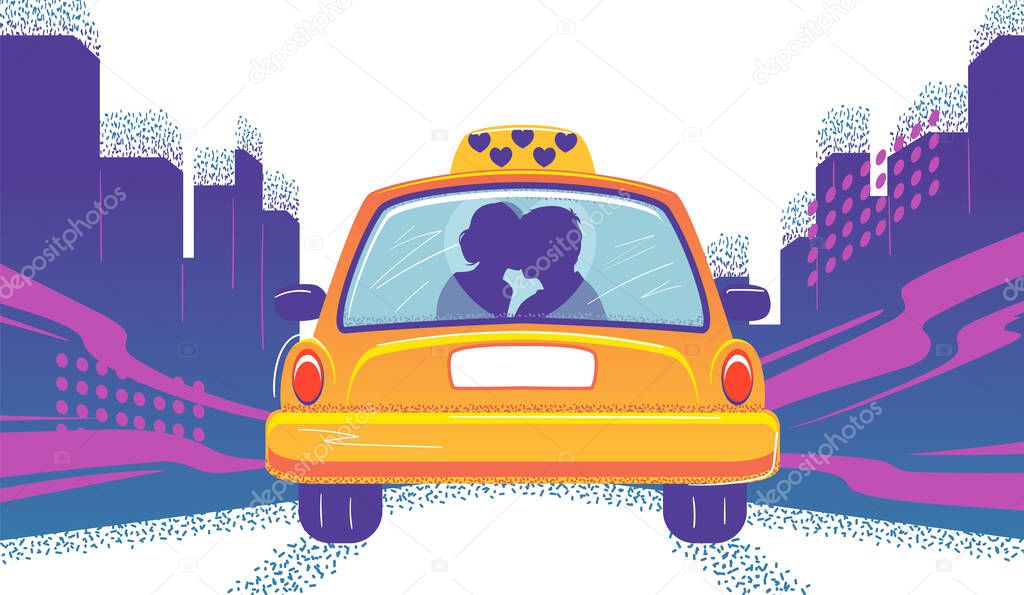 Taxicab with couple in cartoon style. Love taxi on flat city skyline background. Cab on road vector romantic illustration. Valentine day postcard. Purple poster with yellow car on street. Urban card