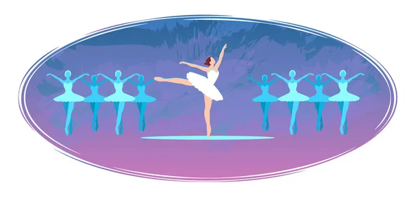 Балетная открытка, векторная иллюстрация плоских мультфильмов. Балерина в танце на открытке. Мультфильм стилизованный Лебединое озеро, синий плакат Изолированная обложка. Горизонтальный белый фон — стоковый вектор